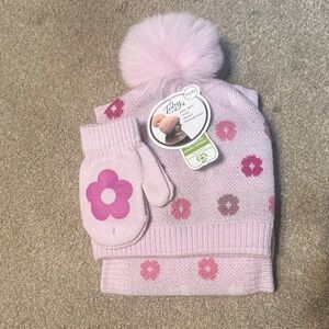 Toby Pink Floral Pom Pom Beanie Scarf & Mittens Set